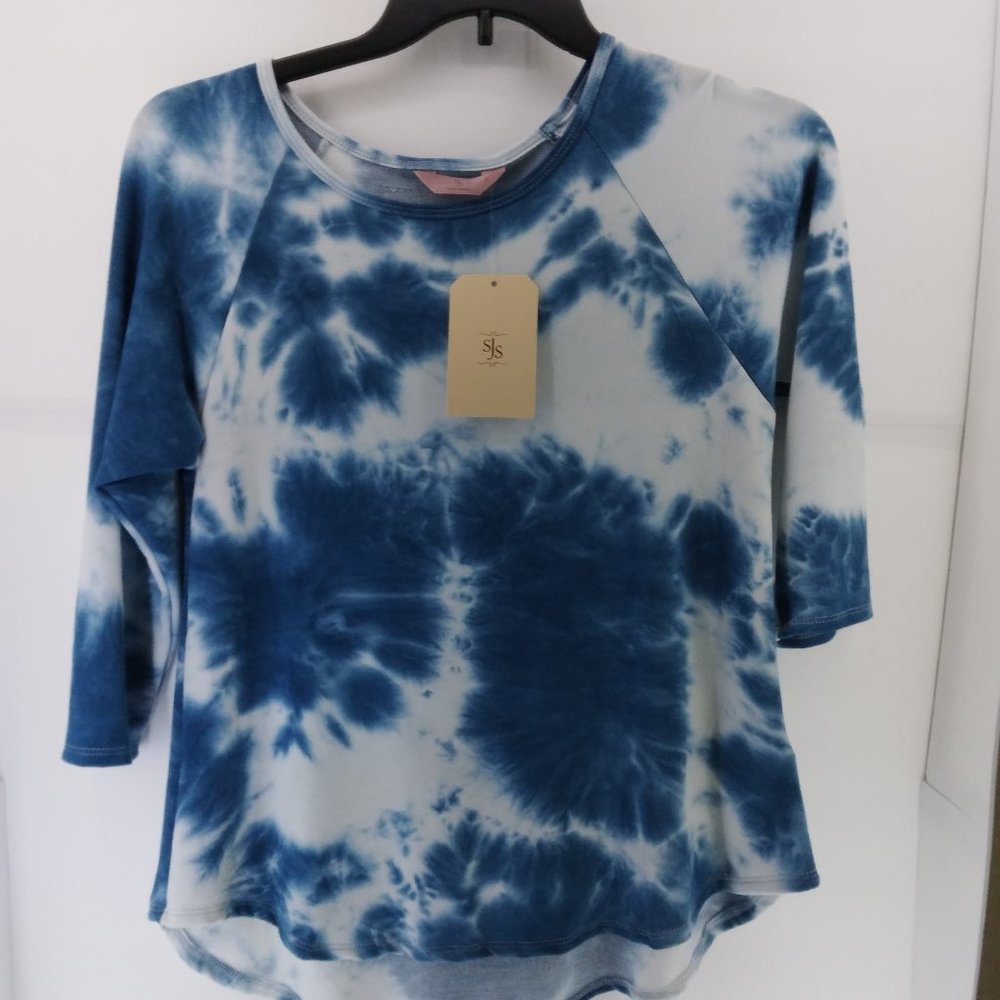 SJS Tie Dye Women's Blouse Size Small 3/4 Sleeve Shirt Comfy‎ Casual Blue Top